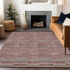 HomeRoots 9' X 12' Striped Area Rug in Red, Beige, Copper - Washable, UV-Protected, Durable & Stylish Décor 666292