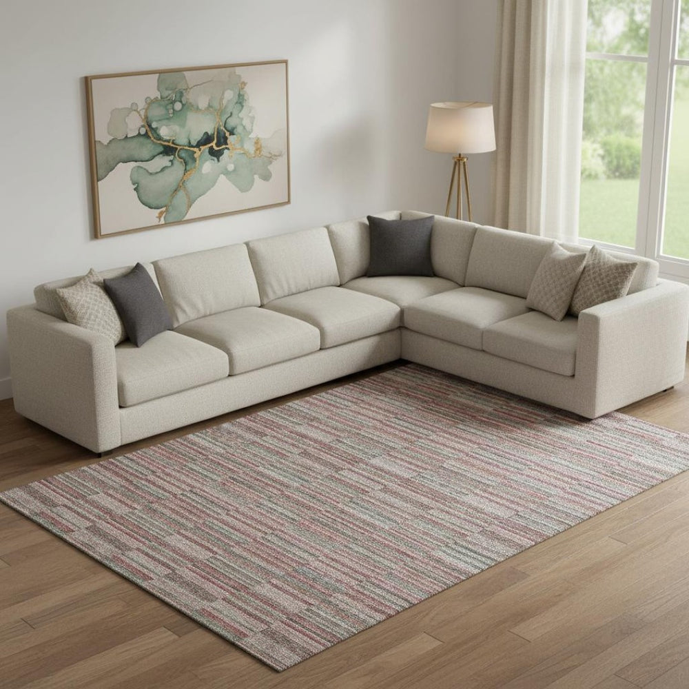 HomeRoots 10' X 14' Washable Area Rug with UV Protection - Stylish Red, Beige & Copper Stripes for Any Space 666293
