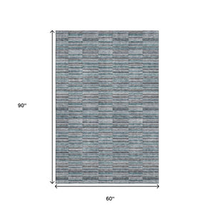 HomeRoots 5' X 8' Stylish Teal and Gray Striped Area Rug - Washable, UV Protected, Stain-Resistant Design! 666295