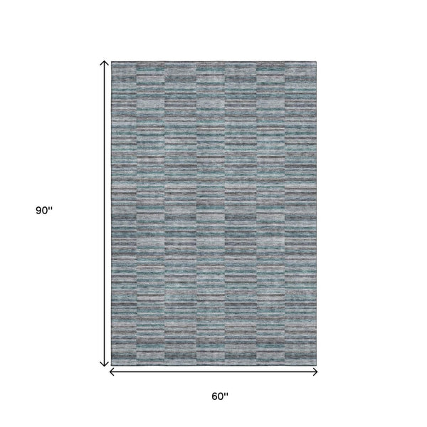 HomeRoots 5' X 8' Stylish Teal and Gray Striped Area Rug - Washable, UV Protected, Stain-Resistant Design! 666295