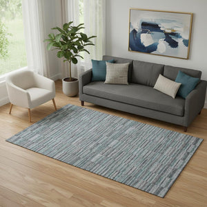HomeRoots 5' X 8' Stylish Teal and Gray Striped Area Rug - Washable, UV Protected, Stain-Resistant Design! 666295