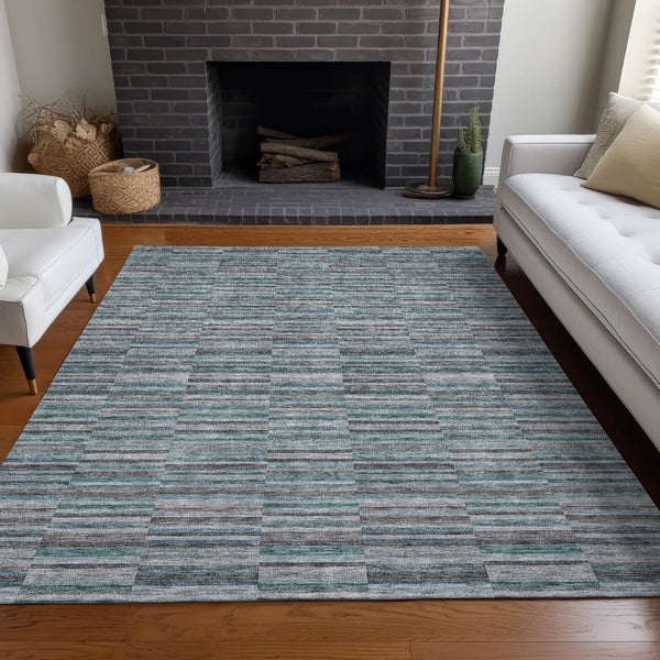 HomeRoots 5' X 8' Stylish Teal and Gray Striped Area Rug - Washable, UV Protected, Stain-Resistant Design! 666295
