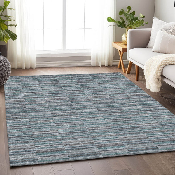 HomeRoots 5' X 8' Stylish Teal and Gray Striped Area Rug - Washable, UV Protected, Stain-Resistant Design! 666295