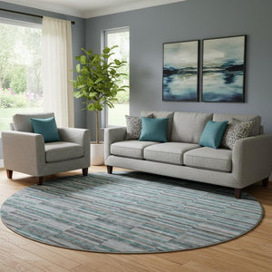 HomeRoots 8' Teal And Gray Striped Washable Round Rug - Durable, UV-Protected, Stain-Resistant for Busy Homes 666296