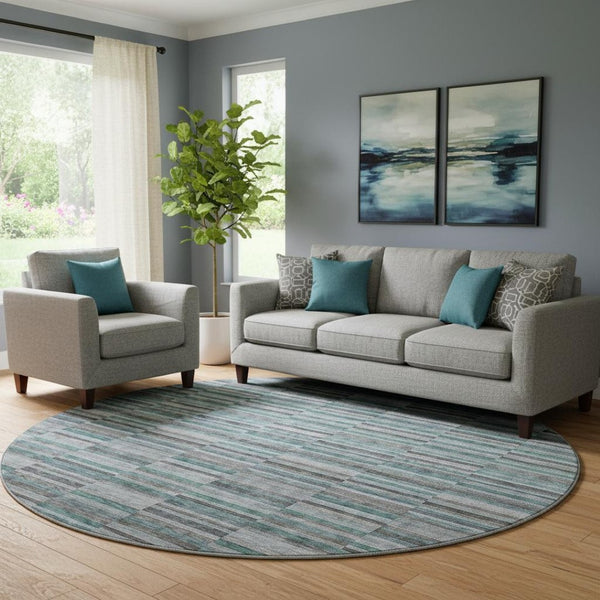 HomeRoots 8' Teal And Gray Striped Washable Round Rug - Durable, UV-Protected, Stain-Resistant for Busy Homes 666296