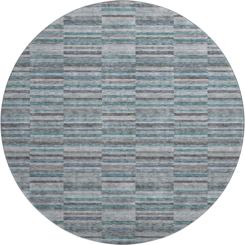HomeRoots 8' Teal And Gray Striped Washable Round Rug - Durable, UV-Protected, Stain-Resistant for Busy Homes 666296