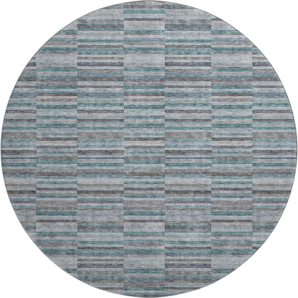 HomeRoots 8' Teal And Gray Striped Washable Round Rug - Durable, UV-Protected, Stain-Resistant for Busy Homes 666296