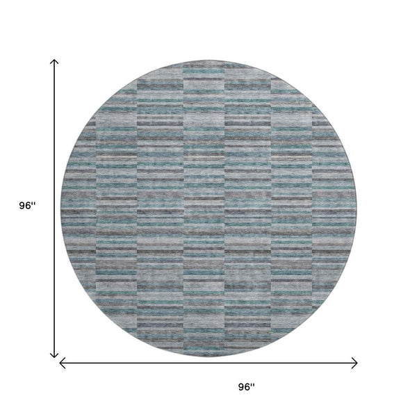 HomeRoots 8' Teal And Gray Striped Washable Round Rug - Durable, UV-Protected, Stain-Resistant for Busy Homes 666296