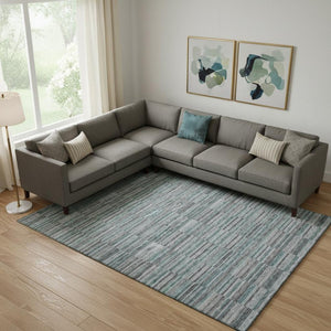 HomeRoots 8' X 10' Stylish Teal & Gray Striped Washable Area Rug - Durable, UV-Protected, Pet-Friendly Design 666297