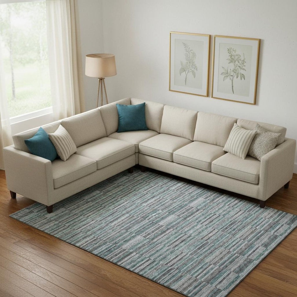 HomeRoots 9' X 12' Stylish Teal & Gray Striped Area Rug - Washable, UV-Protected, Perfect for Homes with Kids & Pets 666298