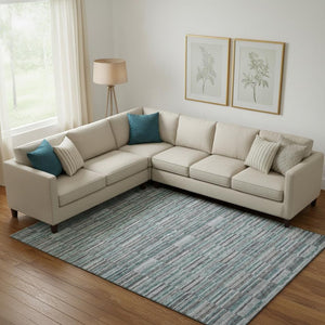 HomeRoots 9' X 12' Stylish Teal & Gray Striped Area Rug - Washable, UV-Protected, Perfect for Homes with Kids & Pets 666298