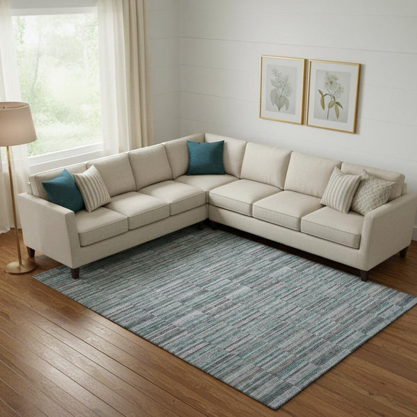 HomeRoots 10' X 14' Teal and Gray Striped Washable Area Rug with UV Protection, Stain-Resistant Design for Families 666299