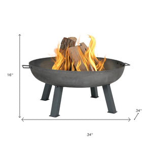 HomeRoots 34" Gray Steel Wood Burning Fire Pit - Sturdy Round Design for Cozy Outdoor Gatherings & Ambiance 666300