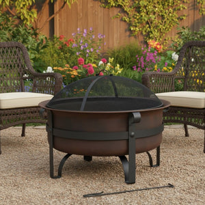 HomeRoots 29" Bronze Steel Wood Burning Fire Pit - Durable Outdoor Gatherings Centerpiece with Safety Screen 666301