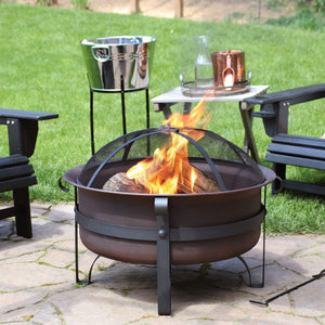 HomeRoots 29" Bronze Steel Wood Burning Fire Pit - Durable Outdoor Gatherings Centerpiece with Safety Screen 666301