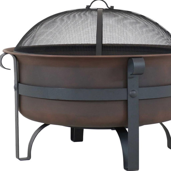 HomeRoots 29" Bronze Steel Wood Burning Fire Pit - Durable Outdoor Gatherings Centerpiece with Safety Screen 666301