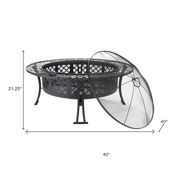 HomeRoots 40" Black Steel Wood Burning Fire Pit - Create Cozy Outdoor Gatherings with Spark Screen & Poker 666302