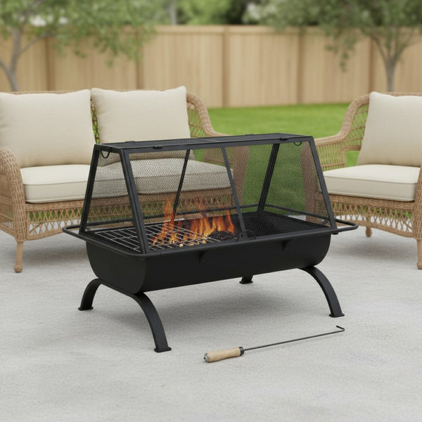 HomeRoots 36" Black Steel Wood Burning Fire Pit - Modern Rectangular Design with Cover for Cozy Outdoor Gatherings 666306