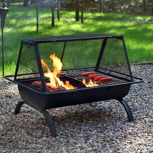 HomeRoots 36" Black Steel Wood Burning Fire Pit - Modern Rectangular Design with Cover for Cozy Outdoor Gatherings 666306