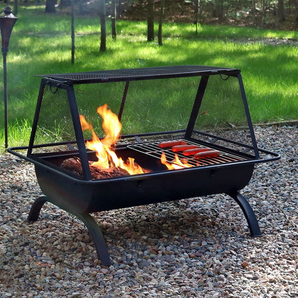 HomeRoots 36" Black Steel Wood Burning Fire Pit - Modern Rectangular Design with Cover for Cozy Outdoor Gatherings 666306
