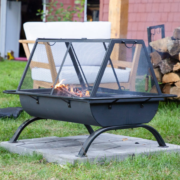 HomeRoots 36" Black Steel Wood Burning Fire Pit - Modern Rectangular Design with Cover for Cozy Outdoor Gatherings 666306