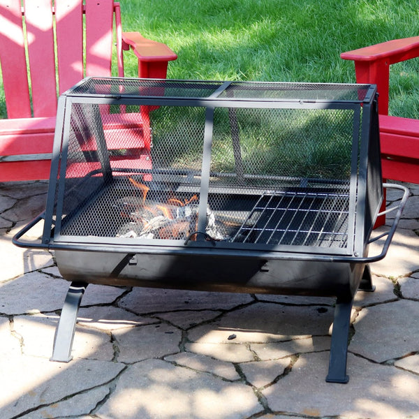 HomeRoots 36" Black Steel Wood Burning Fire Pit - Modern Rectangular Design with Cover for Cozy Outdoor Gatherings 666306