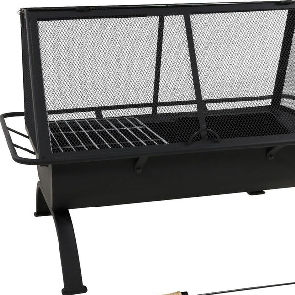 HomeRoots 36" Black Steel Wood Burning Fire Pit - Modern Rectangular Design with Cover for Cozy Outdoor Gatherings 666306