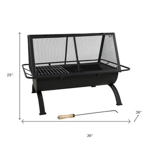 HomeRoots 36" Black Steel Wood Burning Fire Pit - Modern Rectangular Design with Cover for Cozy Outdoor Gatherings 666306