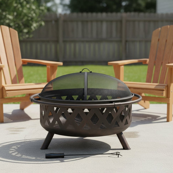 HomeRoots 36" Black Steel Wood Burning Fire Pit - Durable, Safe & Stylish for Cozy Outdoor Gatherings 666307