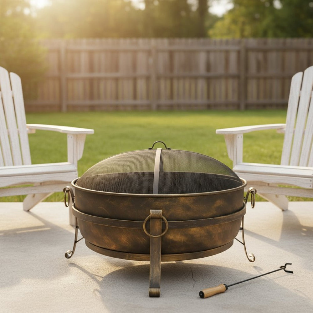 HomeRoots 40" Black Steel Wood Burning Fire Pit - Perfect for Cozy Gatherings, Outdoor Ambiance & Safety Features 666308