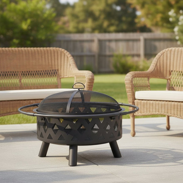 HomeRoots 30" Black Steel Wood Burning Fire Pit with Cover - Elegant Design for Cozy Backyard Gatherings 666309