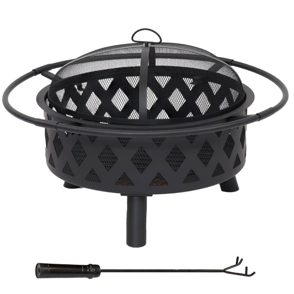 HomeRoots 30" Black Steel Wood Burning Fire Pit with Cover - Elegant Design for Cozy Backyard Gatherings 666309