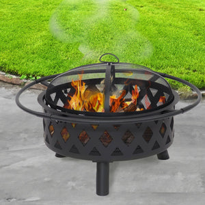 HomeRoots 30" Black Steel Wood Burning Fire Pit with Cover - Elegant Design for Cozy Backyard Gatherings 666309
