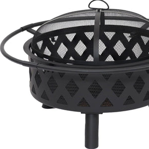 HomeRoots 30" Black Steel Wood Burning Fire Pit with Cover - Elegant Design for Cozy Backyard Gatherings 666309