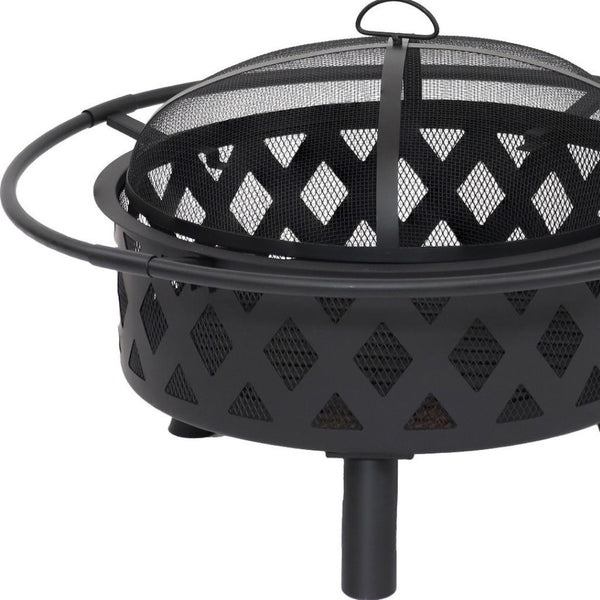 HomeRoots 30" Black Steel Wood Burning Fire Pit with Cover - Elegant Design for Cozy Backyard Gatherings 666309