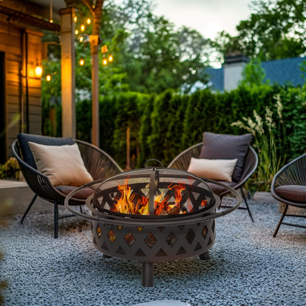 HomeRoots 30" Black Steel Wood Burning Fire Pit with Cover - Elegant Design for Cozy Backyard Gatherings 666309