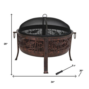 HomeRoots 34" Bronze Steel Round Fire Pit with Cover - Cozy Outdoor Wood Burning Experience for Gatherings 666311