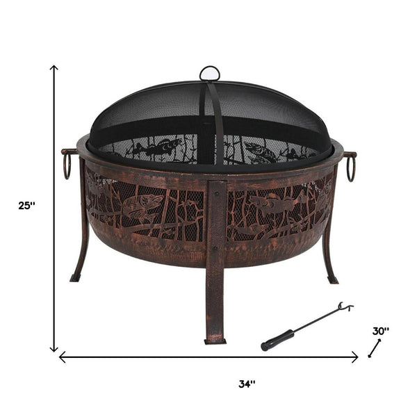 HomeRoots 34" Bronze Steel Round Fire Pit with Cover - Cozy Outdoor Wood Burning Experience for Gatherings 666311