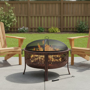 HomeRoots 34" Bronze Steel Round Fire Pit with Cover - Cozy Outdoor Wood Burning Experience for Gatherings 666311