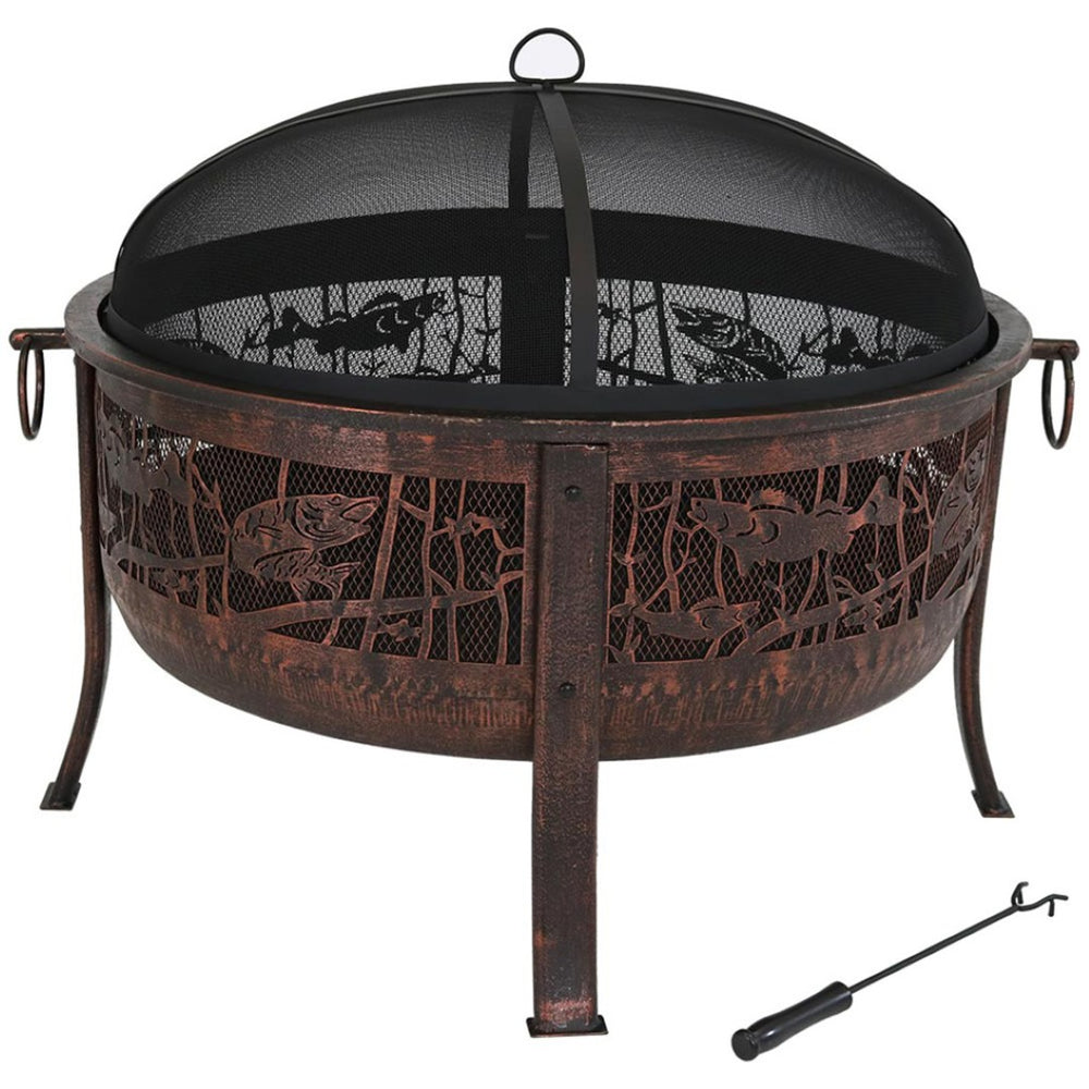 HomeRoots 34" Bronze Steel Round Fire Pit with Cover - Cozy Outdoor Wood Burning Experience for Gatherings 666311