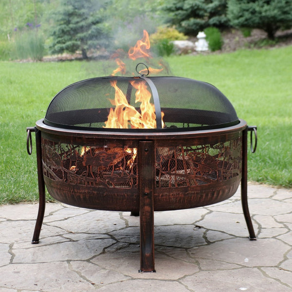 HomeRoots 34" Bronze Steel Round Fire Pit with Cover - Cozy Outdoor Wood Burning Experience for Gatherings 666311