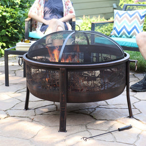 HomeRoots 34" Bronze Steel Round Fire Pit with Cover - Cozy Outdoor Wood Burning Experience for Gatherings 666311