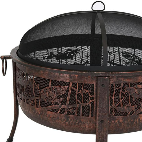 HomeRoots 34" Bronze Steel Round Fire Pit with Cover - Cozy Outdoor Wood Burning Experience for Gatherings 666311