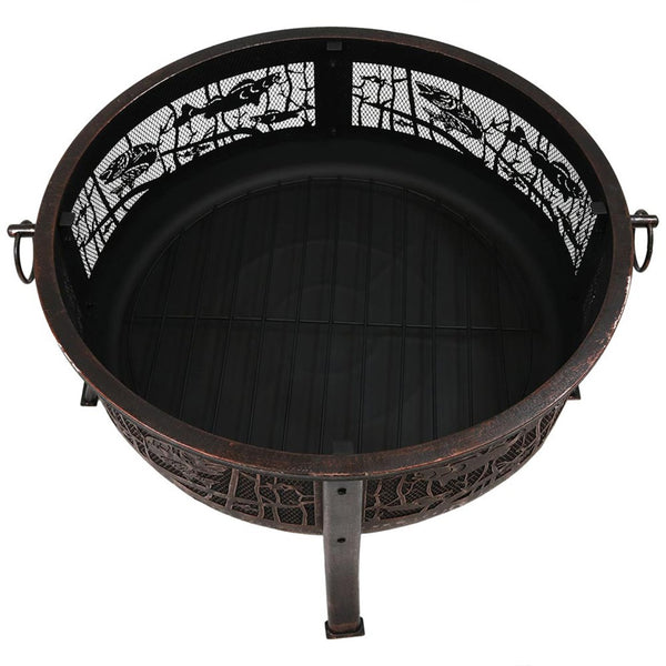 HomeRoots 34" Bronze Steel Round Fire Pit with Cover - Cozy Outdoor Wood Burning Experience for Gatherings 666311
