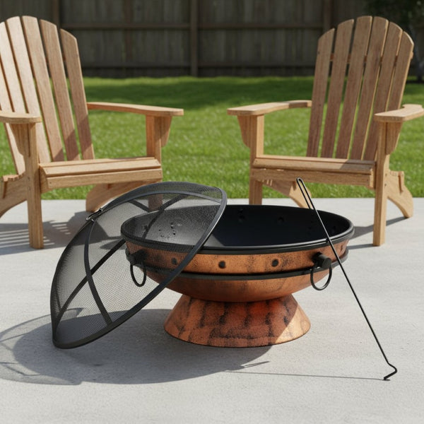 HomeRoots 30" Copper Steel Round Fire Pit – Elegant Outdoor Centerpiece for Cozy Gatherings & Warmth 666312