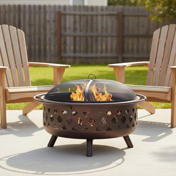 HomeRoots 36" Bronze Steel Wood Burning Fire Pit with Cover - Durable, Safe, and Perfect for Outdoor Gatherings! 666314