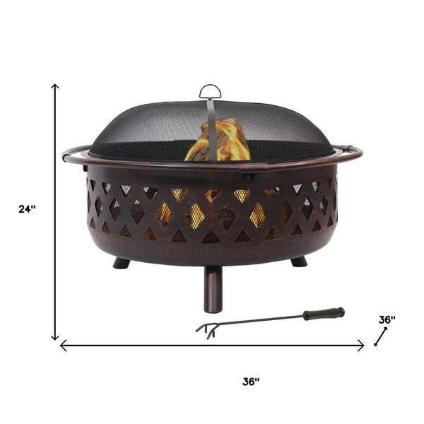 HomeRoots 36" Bronze Steel Wood Burning Fire Pit with Cover - Durable, Safe, and Perfect for Outdoor Gatherings! 666314