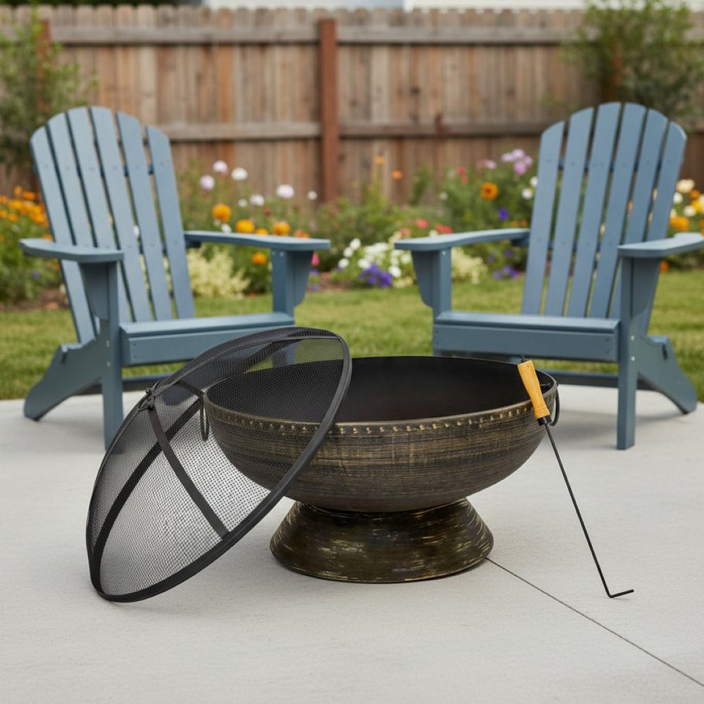 HomeRoots 30" Bronze Steel Wood Burning Fire Pit - Timeless Outdoor Centerpiece for Cozy Gatherings & Ambiance 666316