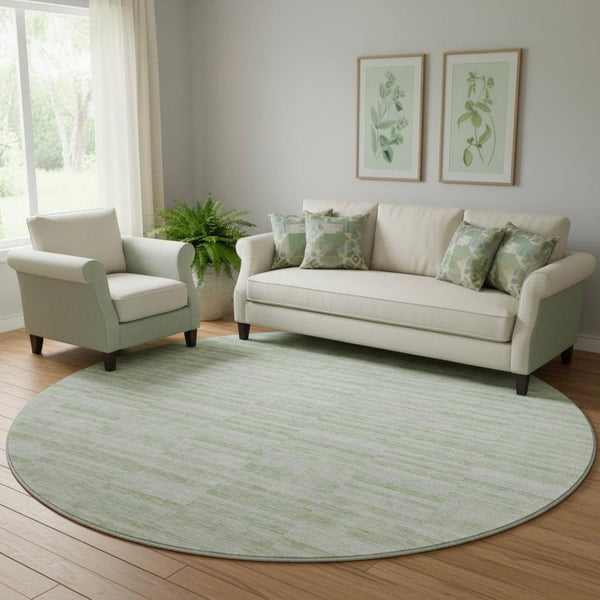 HomeRoots 8' Sage and Ivory Striped Round Rug - Washable, UV Protected, and Stain Resistant for Family Homes 666335
