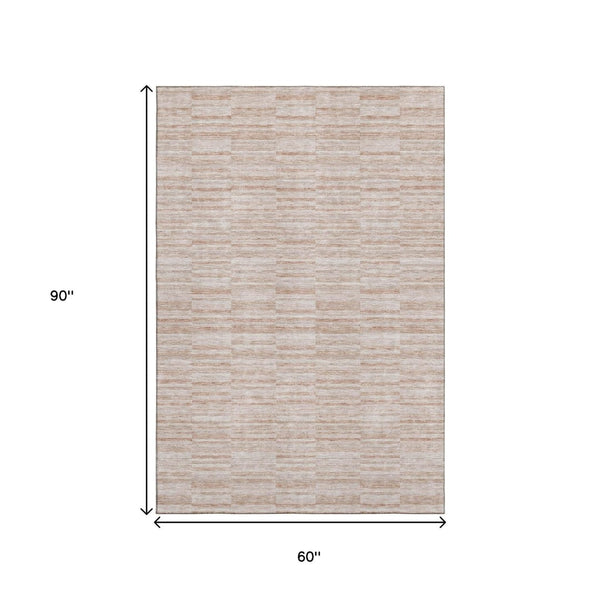 HomeRoots 5' Salmon and Beige Striped Area Rug – Washable, UV-Protected, Durable, Stylish for Any Space 666340